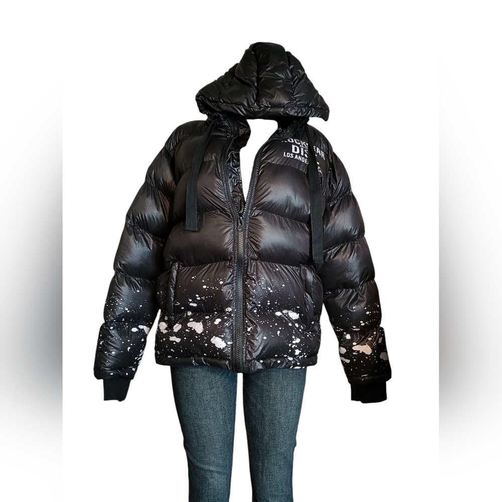 RockStar Dist. Los Angeles Black Puffer Jacket w/White Paint Splatter Men's M.